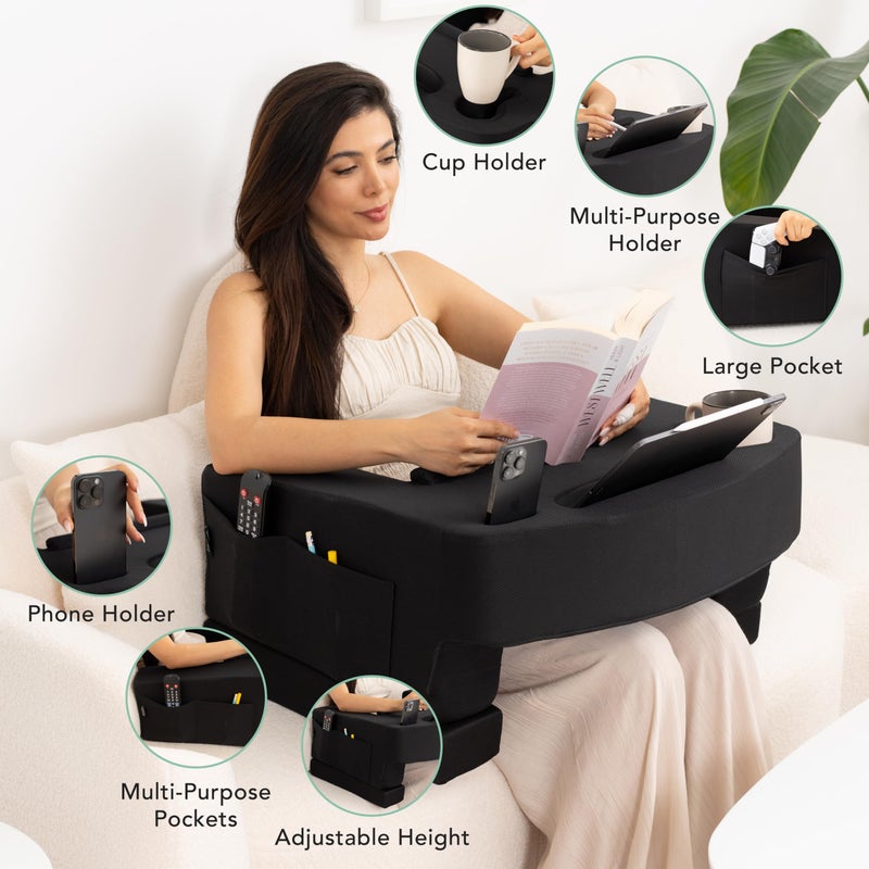 TabCouchCaddy Reading Pillow for Gaming - Extra Large Lap Desk & Arm Rest with Cup & Phone Holder  Adjustable Heights  Laptop Support  Large Pockets - Comfortable for Work  Gaming & Crocheting (Black) - Image 3